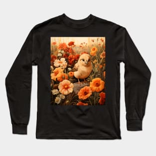 Retro Vintage Art Style Baby Chick in Field of Wild Flowers - Whimsical Farm Long Sleeve T-Shirt